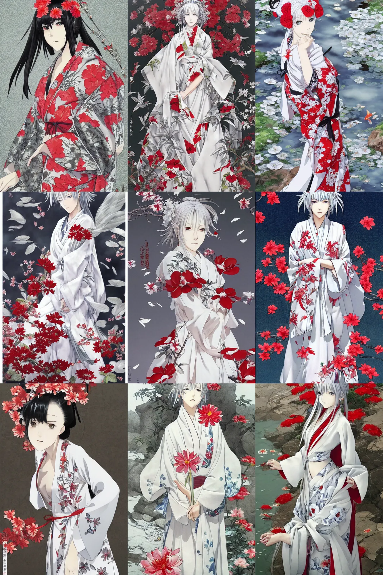 Prompt: beautiful girl, silver hair, white kimono with red flower patterns, koi around, full body shot, ilustration by Takehiko Inoue ((and Krenz Cushart))