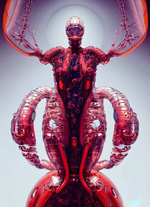 Image similar to background space station, red baroque inflateble dress iris van herpen positing on floor, helmet instead of a head, perfect symmetrical, full body shot, inflateble shapes, wires, tubes, veins, jellyfish, white biomechanical details, wearing epic bionic implants, masterpiece, intricate, biopunk, vogue, highly detailed, artstation, concept art