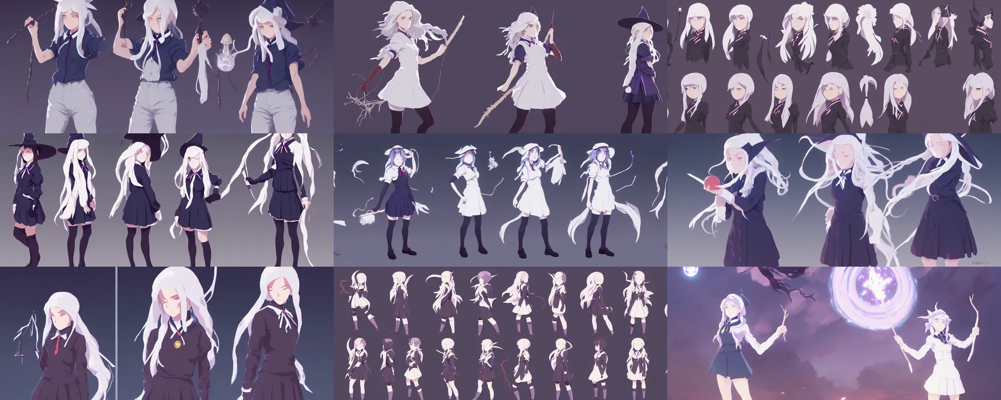 Image similar to visual novel sprites of female student witch by greg rutkowski, witch academia, magic school uniform, glowing white iridescent hair color, by studio ghibli, digital art, trending on artstation, hd, 8 k, highly detailed, good lighting, beautiful, masterpiece