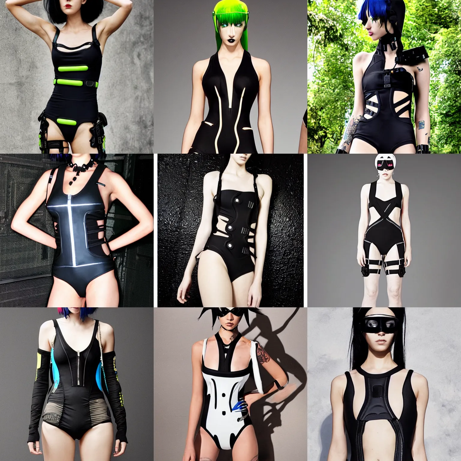 Prompt: balenciaga military cybergoth swimsuit, hot topic anime style