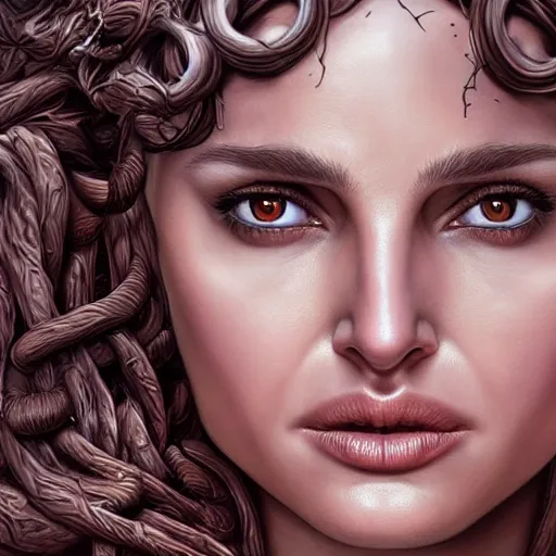 Prompt: a detailed fantasy character portrait of natalie portman as medusa by lauri blank, artgerm, evelyn de morgan, 8K, 50mm lens