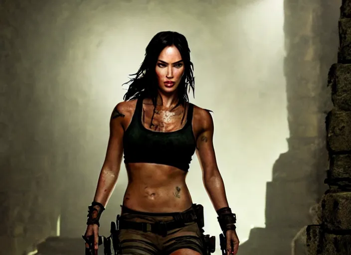 Image similar to film still of!!!! megan fox!!! as lara croft in new tomb raider movie, closeup portrait, exploring interior of torchlit aztec temple, glamour pose, dramatic lighting, octane, mist, volumetric lighting, 8 k