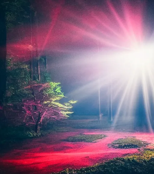 Image similar to photography at night of a red ethereal pond, a central sunlight glare, mystical lights, cyber futuristic lights in the sky, masterpiece, epic, cinematic, hyperealistic photo, high detailed, flashlight at night