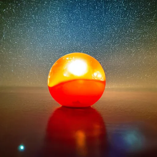 Image similar to an orange glowing crystal orb, with 4 red stars embedded inside of it, lay at the bottom of an ocean, close up, beautiful lighting, ultra detailed, professional photography, award winning photography.