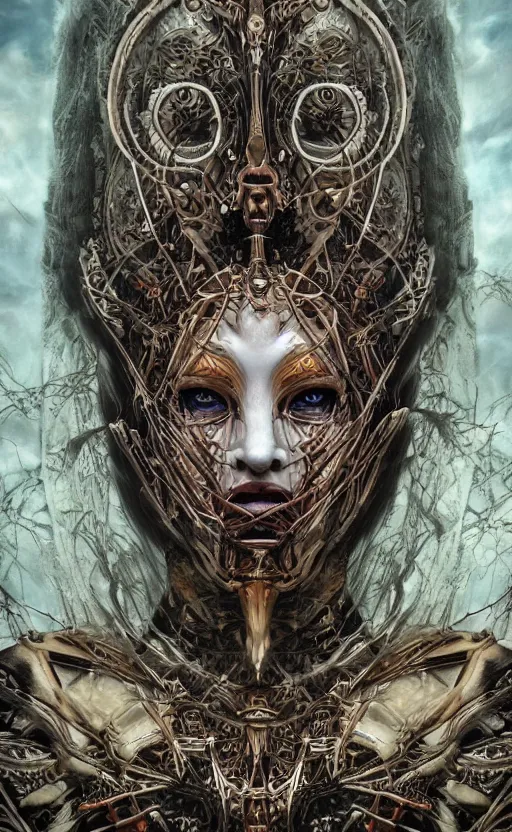 Image similar to Elden Ring themed painting of hybrid majestic aztec warrior princess fantasy biomechanical human beautiful immortal feminine angel symmetrical face angry mask closeup face breathing mask tattoo pattern golden ratio concept, deep forest psytrance Neo-Gothic concept, infinity glyph waves, intricate artwork masterpiece, very coherent artwork, cinematic, full frontal facial features by Artgerm, Takato Yamamoto, Zdizslaw Beksinski, Johnatan Wayshak, Moebius, Ayami Kojima, very coherent artwork, trending on cgsociety, ultra high quality model, production quality cinema model, high detail chromatic ink outline, octane render, unreal engine 8k, hyper realism, high detail, octane render, unreal engine, 8k, High contrast