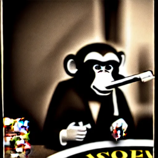 Image similar to monkey in a suit smoking a cigar and playing poker in a casino, 5 0 mm, black and white photo