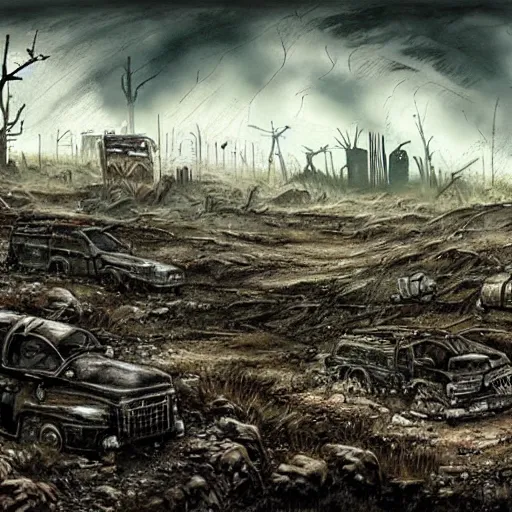 Image similar to post apocalyptic landscape by raymond briggs