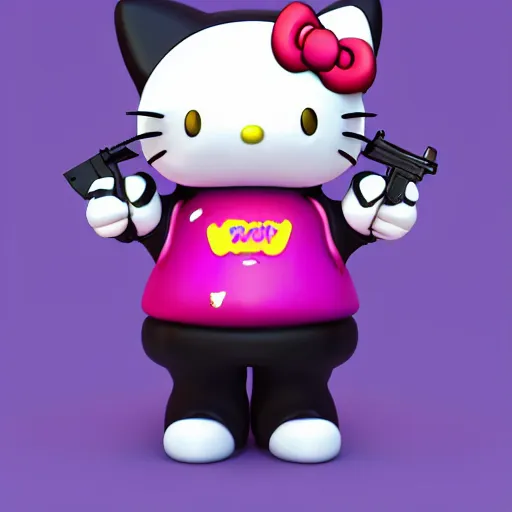 Image similar to evil mean hello kitty holding a weapon, 3d render, gun, knife, purple paint splatter, sanrio, parody, behance, HD render, unity, cinematic Trending on artstation.