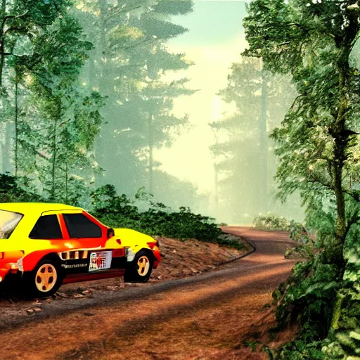 Image similar to 1990 rally racing through a forest, photorealistic, detailed, uhd,