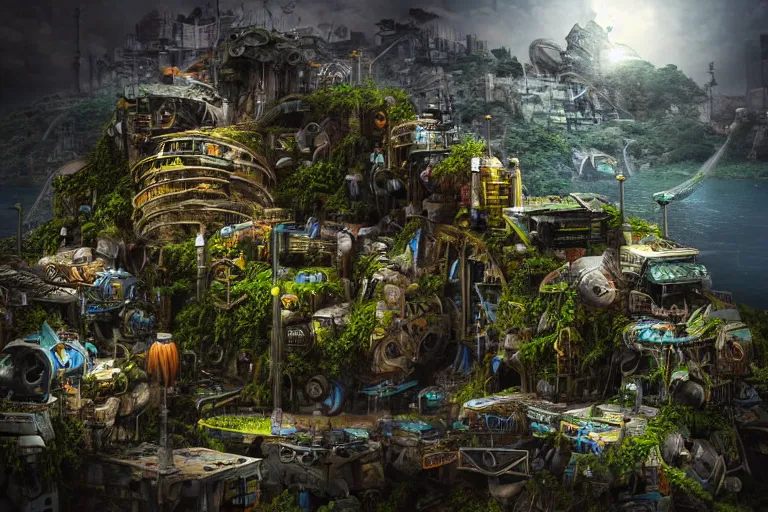 Image similar to sci - fi favela sculpture, fantasy jungle environment, industrial factory, cliffs, gloomy, milky way, award winning art, epic dreamlike fantasy landscape, ultra realistic,