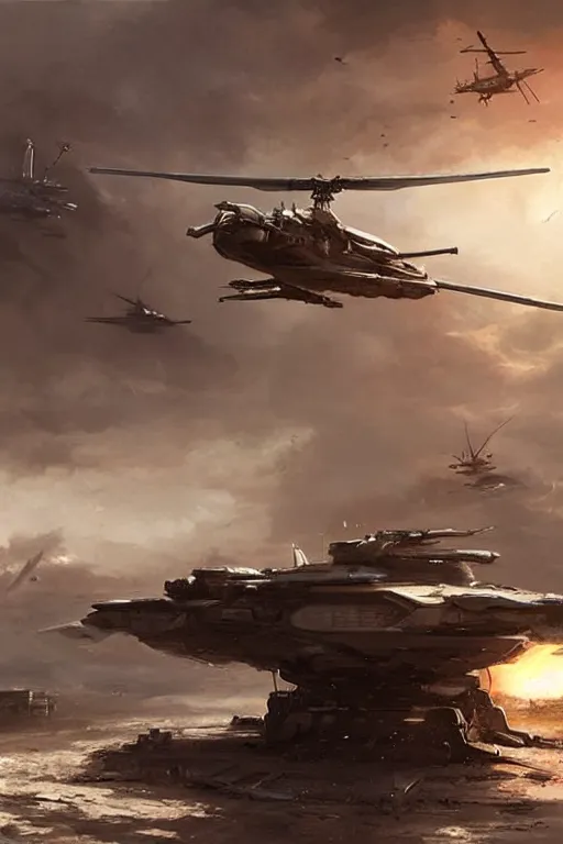 Image similar to a futuristic helicopter in war, epic scene, by greg rutkowski