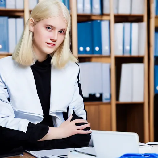 Image similar to 19-year-old Aristocratic platinum-blonde-haired hime-cut blue-eyed French empress wearing white leggings and black jacket, sitting in office, cchatting with communist officer, futuristic gadgets, HD photograph