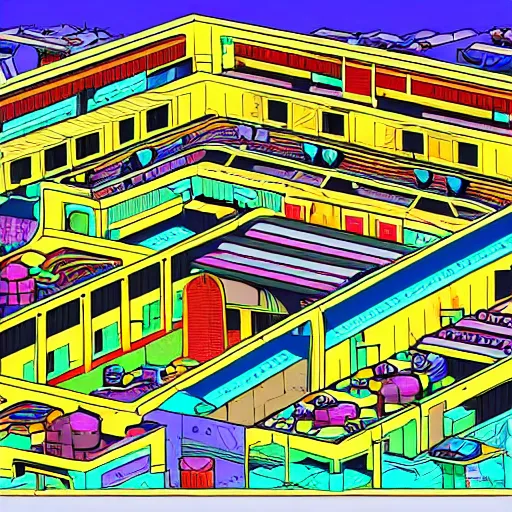 Image similar to cross-section of a complex zorkmid factory, detailed and colorful digital art in the wimmelbilder style