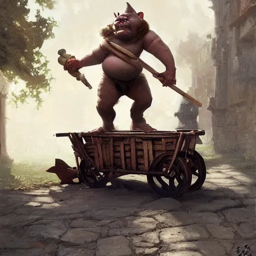 Image similar to fat fantasy goblin riding in a rickety wooden cart holding a lance, organic painting, sunny day, matte painting, bold shapes, hard edges, street art, trending on artstation, by huang guangjian, gil elvgren, ruan jia, greg rutkowski, gaston bussiere