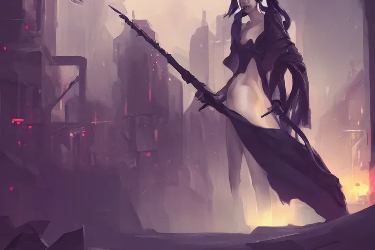 Image similar to seductive goddes holding a grim reapers tool in a modern city in the style of Durand and greg rutkowski, beautiful, geometric, trending on artstation, cinematic