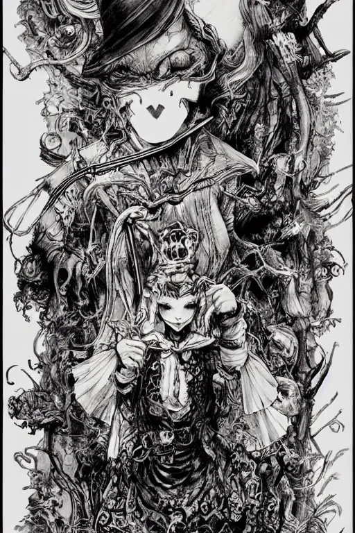Image similar to Horror Alice in wonderland tarot card , pen and ink, intricate line drawings, by Yoshitaka Amano, Ruan Jia, Kentaro Miura, Artgerm, watercolor