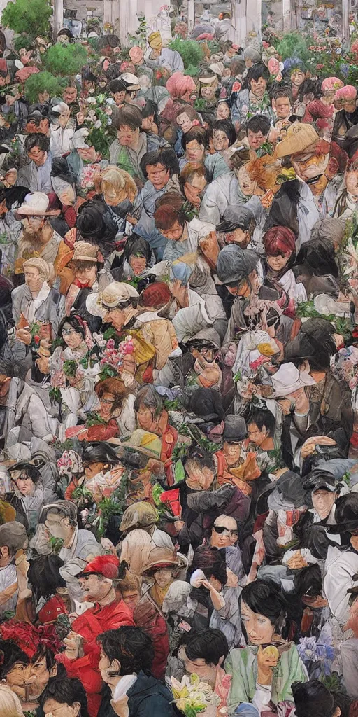 Image similar to oil painting scene crowd from blooming garden by kim jung gi