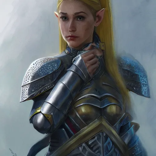 Image similar to a movie still frame, a beautiful female elf knight in armor, medium portrait, oil on linen, high quality, hi resolution, trending on artstation, movie concept art,