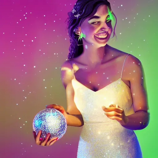 Prompt: a an ultra happy bridesmaid, majestic, disco balls, 8k resolution vivid painting trending on artstation Pill my face, still life A supersonic highway of light that allows you to drive