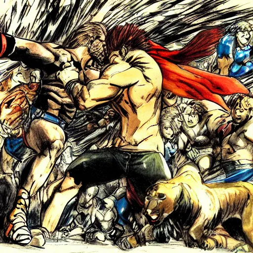 Image similar to one hero wrestling with one lion in the middle of an arena, crowd of people, pencil art, added detail, high definiton, colored, aerial viewyoji shinkawa