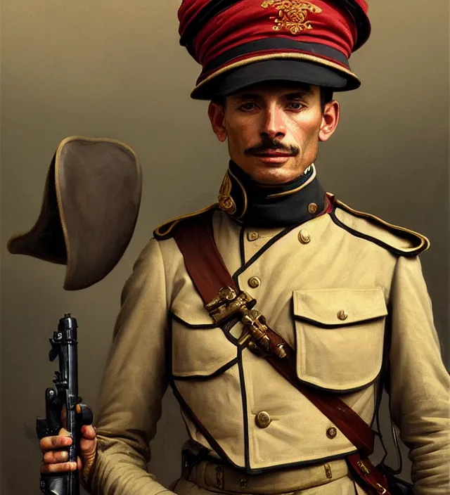 Image similar to portrait of a man wearing a traditional nineteenth century french foreign legion uniform, kepi hat, metal shoulder pauldrons, intricate, highly detailed, digital painting, artstation, concept art, sharp focus, cinematic lighting, illustration, art by artgerm and greg rutkowski, alphonse mucha, cgsociety