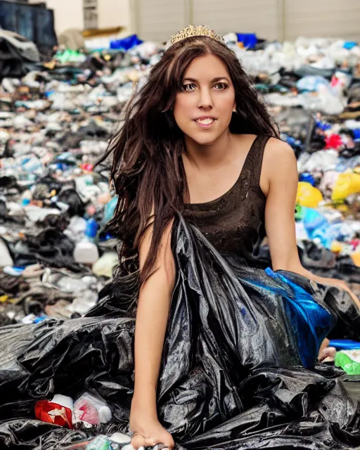 Image similar to a beautiful photo of a Young female with long hair and reflective eyes, Queen of trash wearing a gown made black and blue plastic trash bags and plastic bottles , surrounded by trash all around and in the background, top cinematic lighting , cinematic mood, very detailed, shot in canon 50mm f/1.2