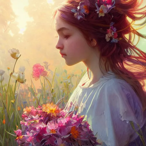 Prompt: girl smelling colorful flowers, spring garden, highly detailed, digital painting, cgsociety , concept art, sharp focus, illustration, art by artgerm and greg rutkowski and alphonse mucha