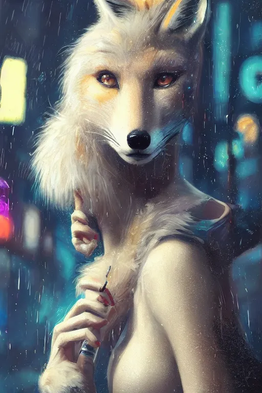 Prompt: beautiful portrait of a tall white female anthro fox smoking a cigarette while standing head and shoulders taller than the bustling crowd of a rainy city street, cyberpunk, harsh neon lights, highly detailed, sharp focus, digital painting, illustration, trending on artstation, art by sakimichan, wlop, greg rutkowski