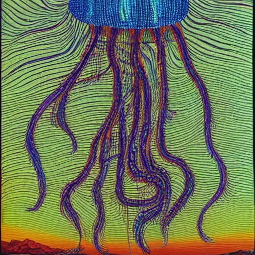 Image similar to a giant jellyfish made of data crawling out of the ocean and leaving a trail of oil behind it, by mati klarwein,