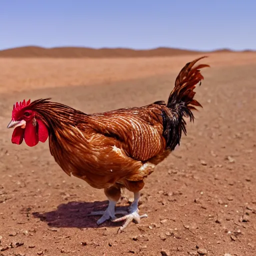 Image similar to realistic photograph of a chicken in a desert, high quality