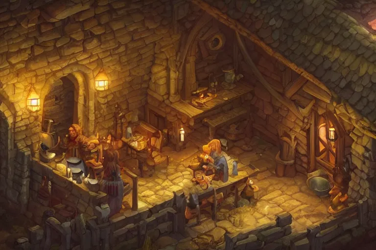 Image similar to a digital painting of an isometric medieval tavern environment by justin gerard, paul bonner, highly detailed, volumetric lighting, digital art, isometric, artstation hd