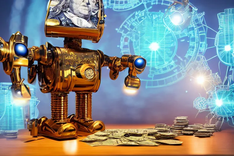 Image similar to photo of a golden and blue metal steampunk office robot with gears and tubes sitting in an office, on the office table and floor is a mountain of money bills, eyes are glowing red lightbulbs, moneybills all over the place, shiny crisp finish, 3 d render, 8 k, insaneley detailed, fluorescent colors, background is multicolored lasershow