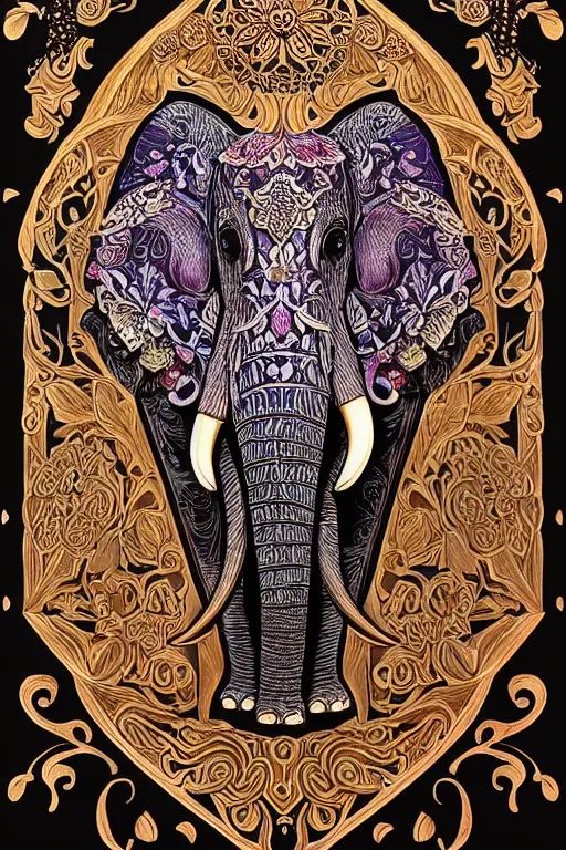 Image similar to Painted dark-wood panel relief carving of a close up of a Flowerpunk Matriarch Elephant, ornate border frame, explosion of colorful flowers, dark wood, intricately carved, black ink, festival of rich colors, intricate details, cinematic lighting, volumetric lighting, post-processing, art nouveau, tarot, fractal art, mandala, by andreas rocha and john howe, and Martin Johnson Heade, featured on artstation, featured on behance, golden ratio, hyper detailed, photorealistic, epic composition, center spotlight, f32, well composed, symmetrical, UE5, 8k