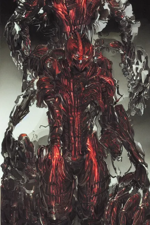 Image similar to god arc soldiers in crynet nanosuit with biological muscle augmentation, at dusk, a color illustration by tsutomu nihei, tetsuo hara and katsuhiro otomo