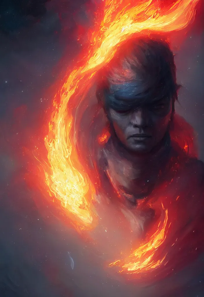 Image similar to a fancy portrait of a small celestial engulfed in coloured flames by greg rutkowski, sung choi, mitchell mohrhauser, maciej kuciara, johnson ting, maxim verehin, peter konig, bloodborne, 8 k photorealistic, cinematic lighting, hd, high details, dramatic, dark atmosphere, trending on artstation