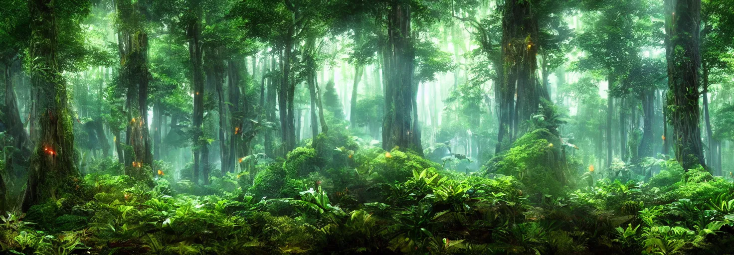 Image similar to a forest with glowing plants, wide shot, cinematic, ultra realistic, ultra detailed, in style of avatar movie