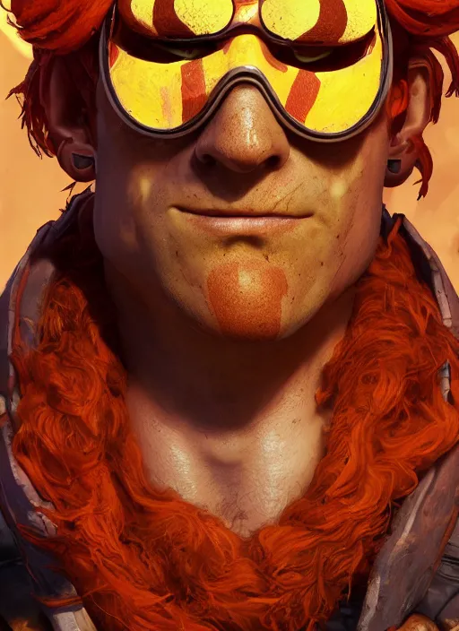 Prompt: heatwave portrait of curly orange hair man from borderlands 3, au naturel, hyper detailed, digital art, trending in artstation, cinematic lighting, studio quality, smooth render, unreal engine 5 rendered, octane rendered, art style by klimt and nixeu and ian sprigger and wlop and krenz cushart.