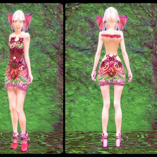 Image similar to cute female forest spirit wearing ornate floral cybernetic hungarian valentino resort dress in a 3 d psx ps 2 jrpg style, fighting fantasy monsters creatures, bright esoteric magical alien meadow ritual environment, fashion gameplay screenshot, highly detailed, atelier, xenogears