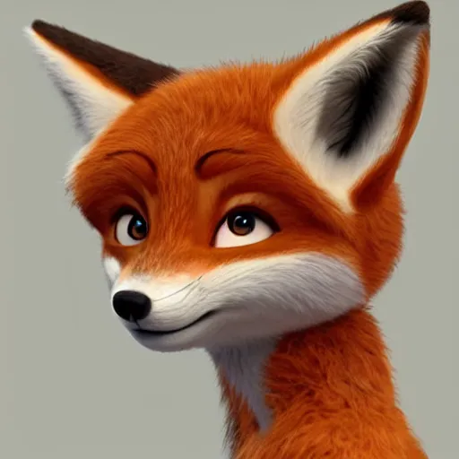 Image similar to upper half portrait of a anthropomorphic female fox with short white fur covering her body in the style of zootopia, top down view