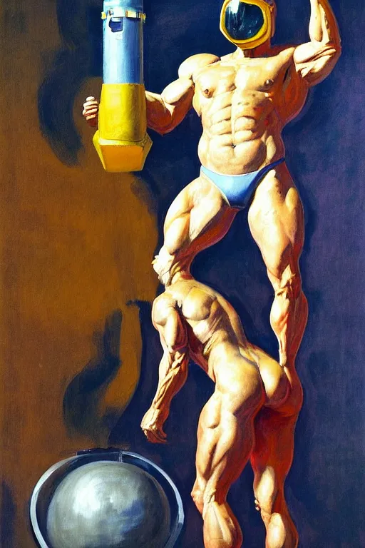 Prompt: bodybuilder in an astronaut helmet and costume lifts a statue of a horse, highly detailed painting by francis bacon, edward hopper, adrian ghenie, gerhard richter, and james jean soft light 4 k,
