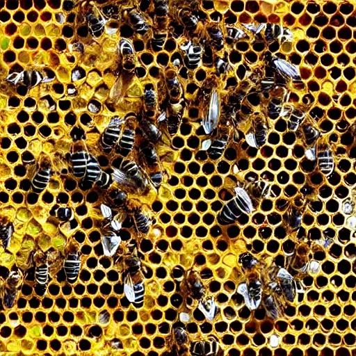 Prompt: microscopic image of bees building their hive, high resolution, 4 k