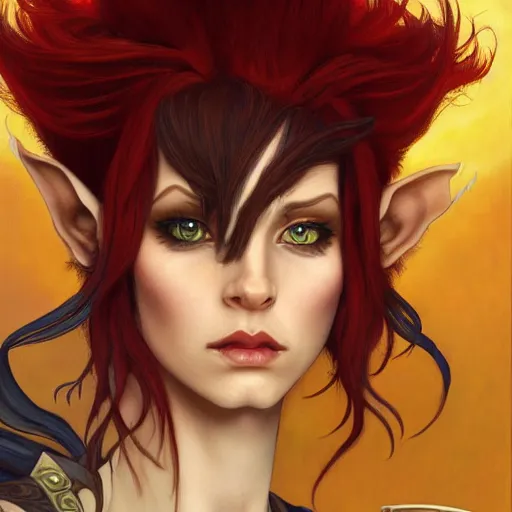 Image similar to dnd character portrait of a beautiful and androgynous half - elf with messy short red hair and catlike features and almond skin tone and yellow eyes with slit pupils, golden hour, wearing a colorful men's suit, realistic painting by ross tran and tasha beckwith and gerald brom and alphonse mucha, trending on artstation