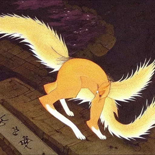 Image similar to a nine tailed fox, kitsune, japanese folklore, realistic depiction