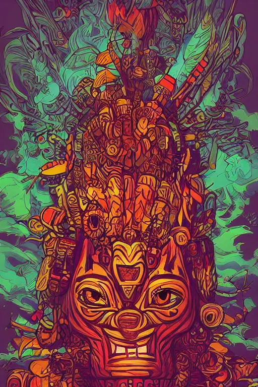 Image similar to totem animal tribal chaman vodoo mask feather gemstone plant wood rock video game illustration vivid color borderlands by josan gonzales and dan mumford radiating a glowing aura