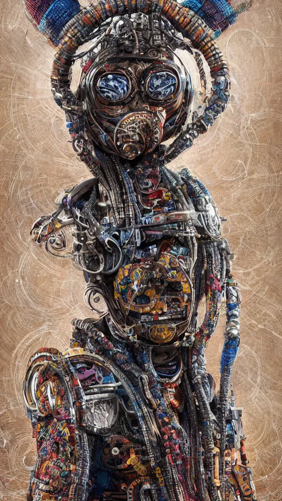 Prompt: realistic - portrait of an intricately - detailed - cyborg with african - mask and lots of thick long braids and electrical cables, colorful - patterns, cyber - punk background, professional studio lighting with subtle shadows, hyper realism, art by tim okamura and karol bak, blender cycles render, 8 k