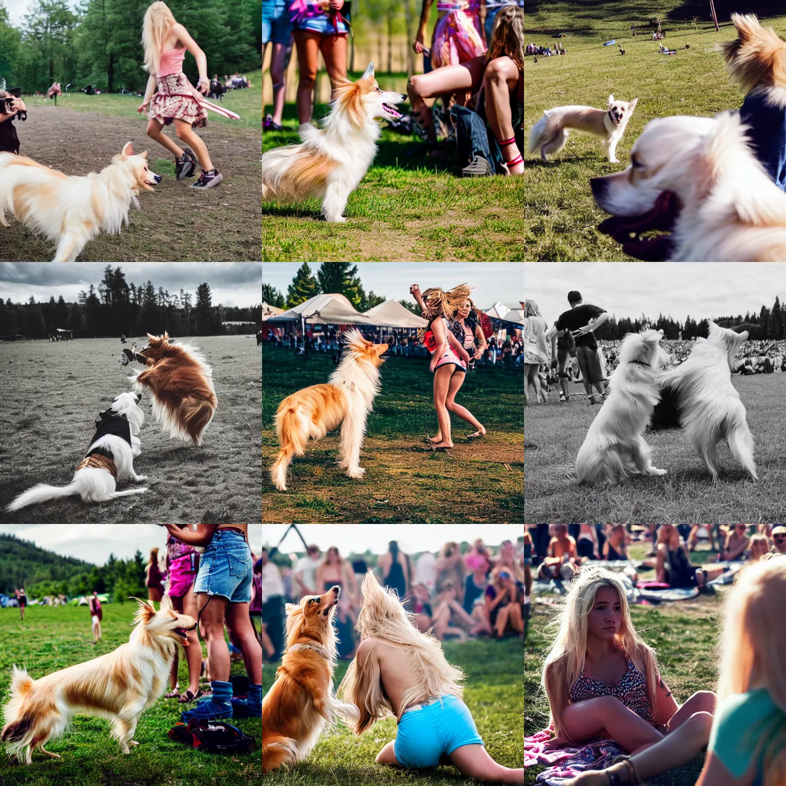 Prompt: two blonde girls fighting at a music festival, a sheltie dog watches from the distance, photograph, bloody, nordic summer, wide lens, ultra detailed