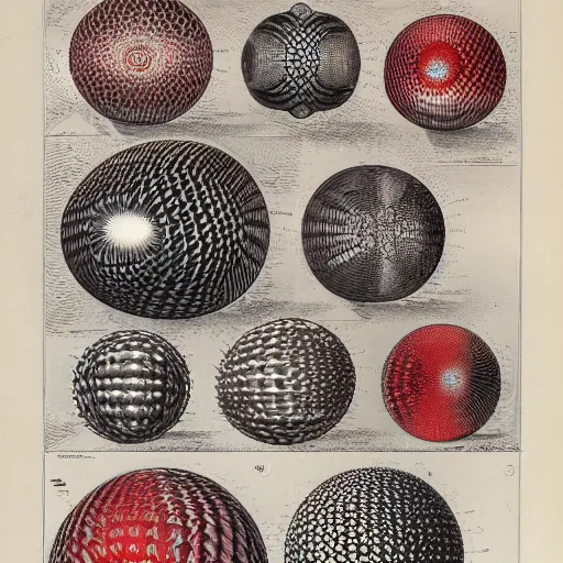 Prompt: chrome spheres on a red cube by ernst haeckel