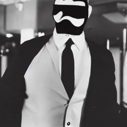 Image similar to photo of a man in a suit wearing a latex mask of a emperor penguin, at a nightclub, back photo