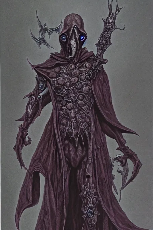 Image similar to full body photo of a cenobite lich illithid drow dark elf sorceror necromancer leather by wayne barlowe