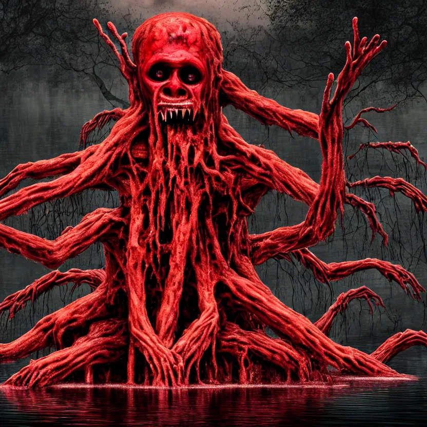 Prompt: a portrait of ( a monster with five heads, twelve arms, and sixteen legs ), sitting on ( chair made of human limbs ), ( the chair is floating in a lake of blood ), ( in the lake is a giant melting tree ), digital art, hyperrealistic nightmare scene, supernatural, highly detailed, creepy, terrifying